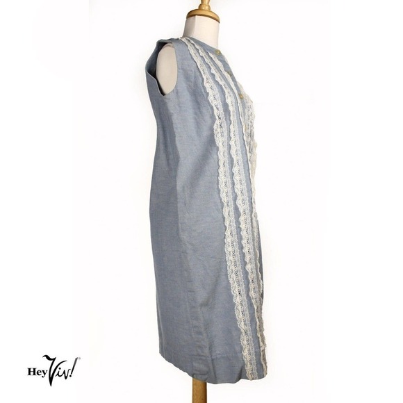 Vintage Sheath Dress Sleeveless Blue Cotton w Rows of Lace Size ML B38 - Hey Viv - Picture 3 of 6